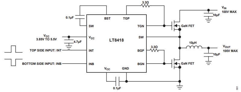 Application Circuit Diagram - Analog Devices Inc. LT8418 Half-Bridge GaN Driver